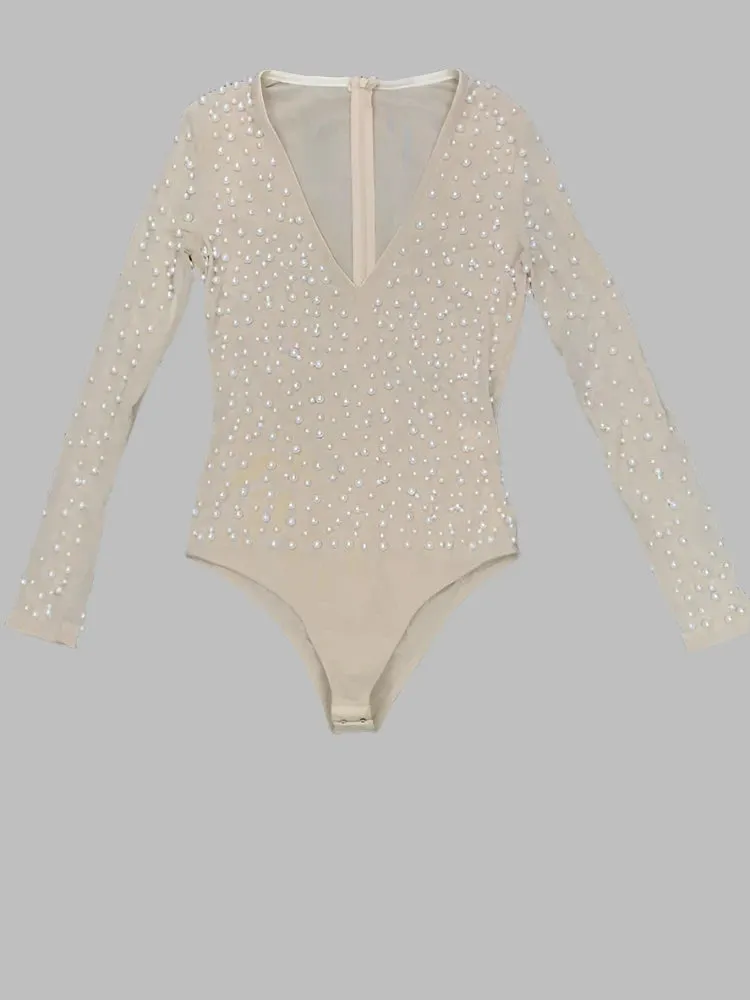 A&A Luxe V Plunge Neck Beading Mesh Bodysuit