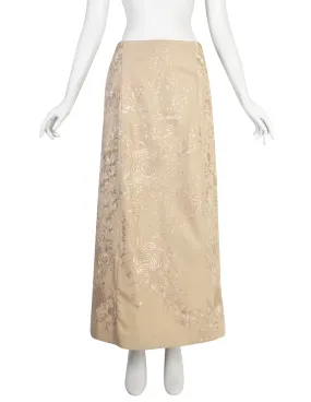 Alberta Ferretti Vintage SS 1999 Light Beige Heavily Embroidered Floral Silk Maxi Skirt