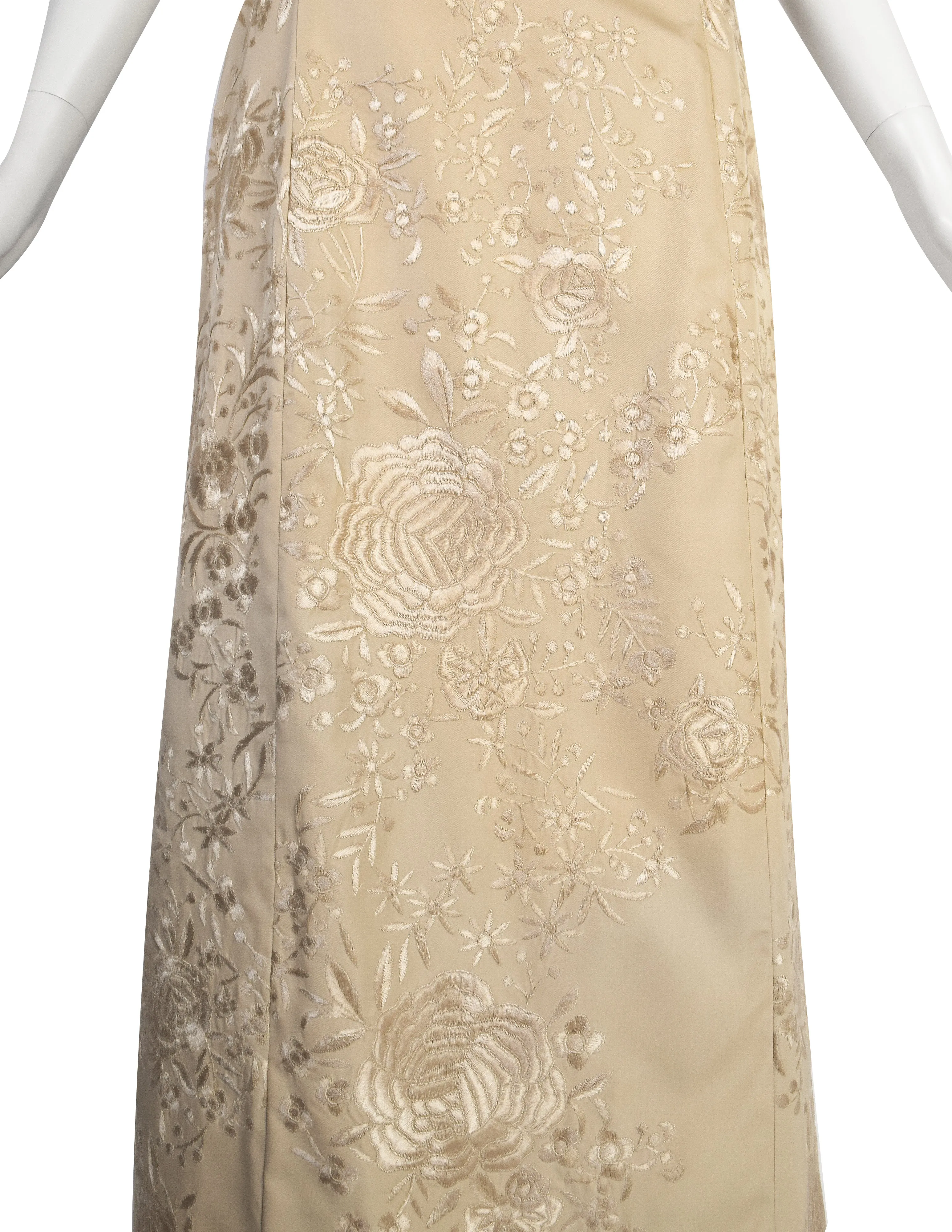 Alberta Ferretti Vintage SS 1999 Light Beige Heavily Embroidered Floral Silk Maxi Skirt