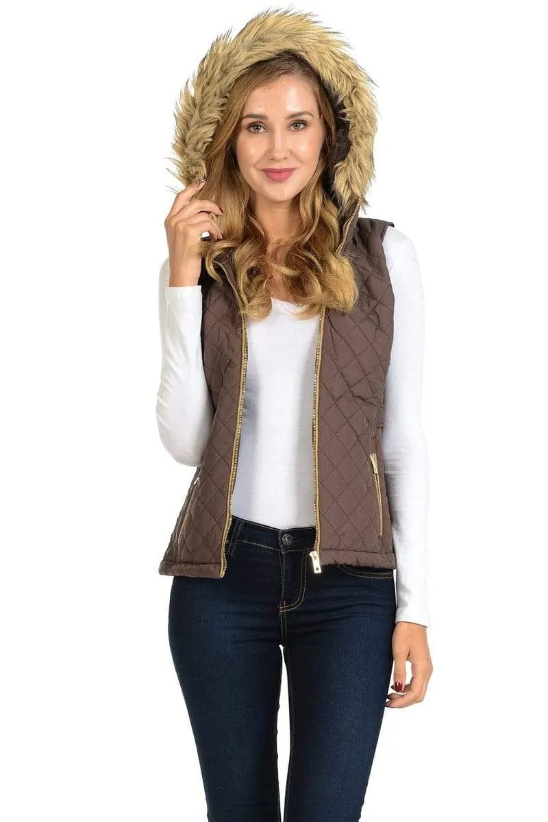Auliné Collection Womens Quilted Zip Up Lightweight Fur Hooded Padding Vest