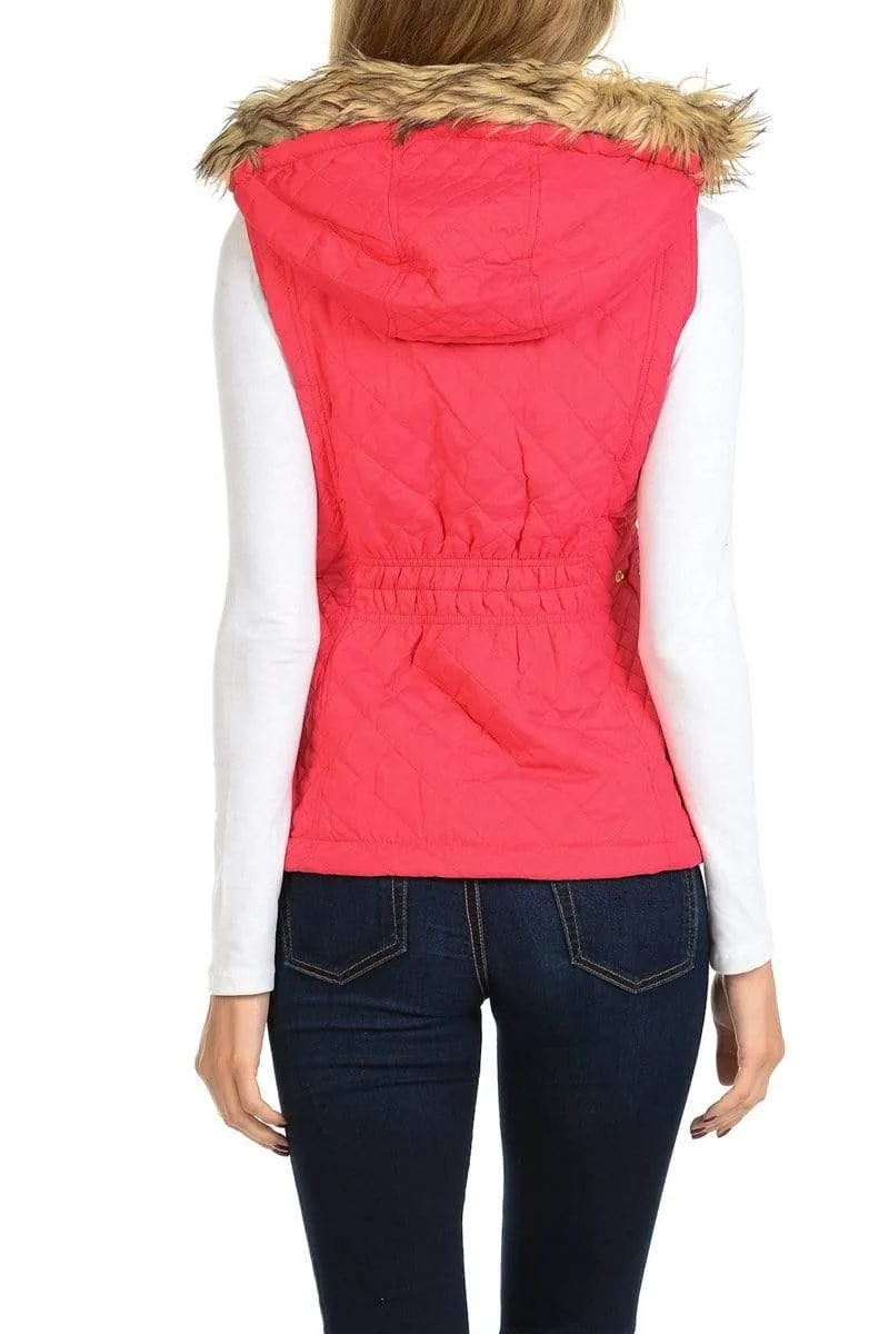 Auliné Collection Womens Quilted Zip Up Lightweight Fur Hooded Padding Vest