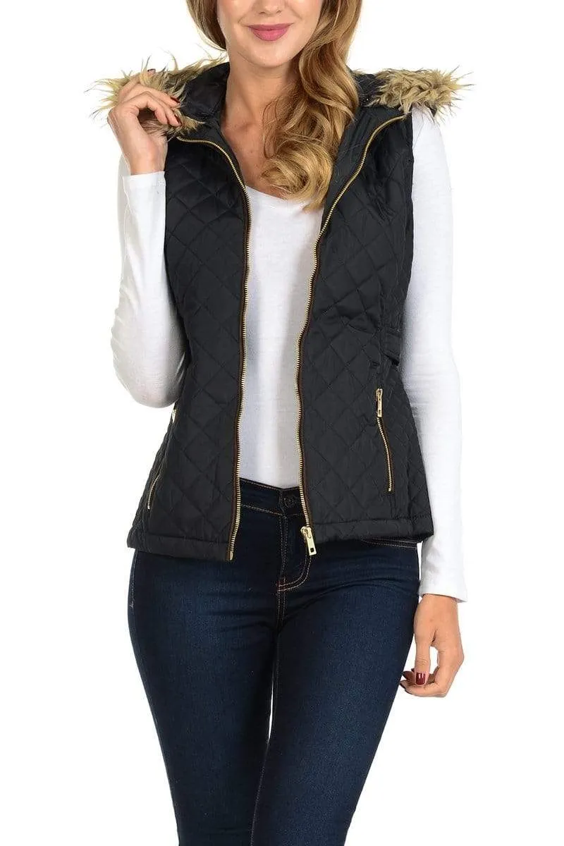 Auliné Collection Womens Quilted Zip Up Lightweight Fur Hooded Padding Vest