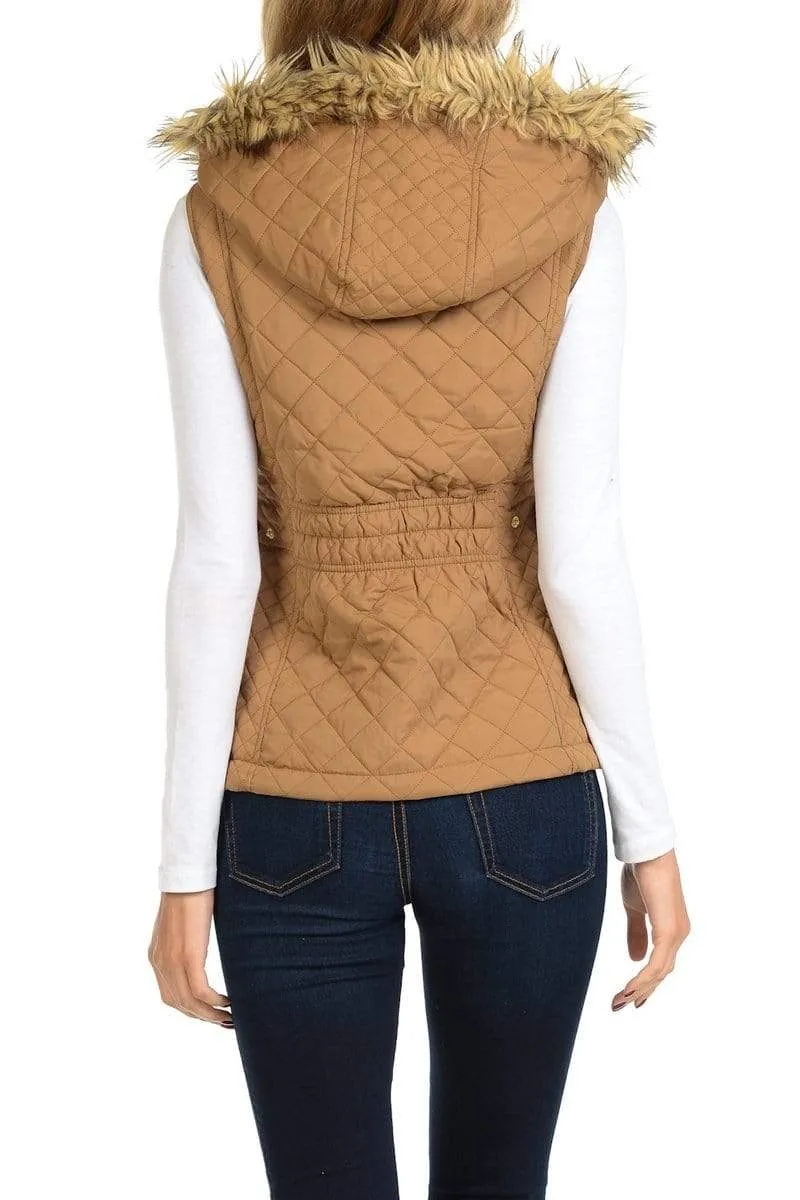 Auliné Collection Womens Quilted Zip Up Lightweight Fur Hooded Padding Vest