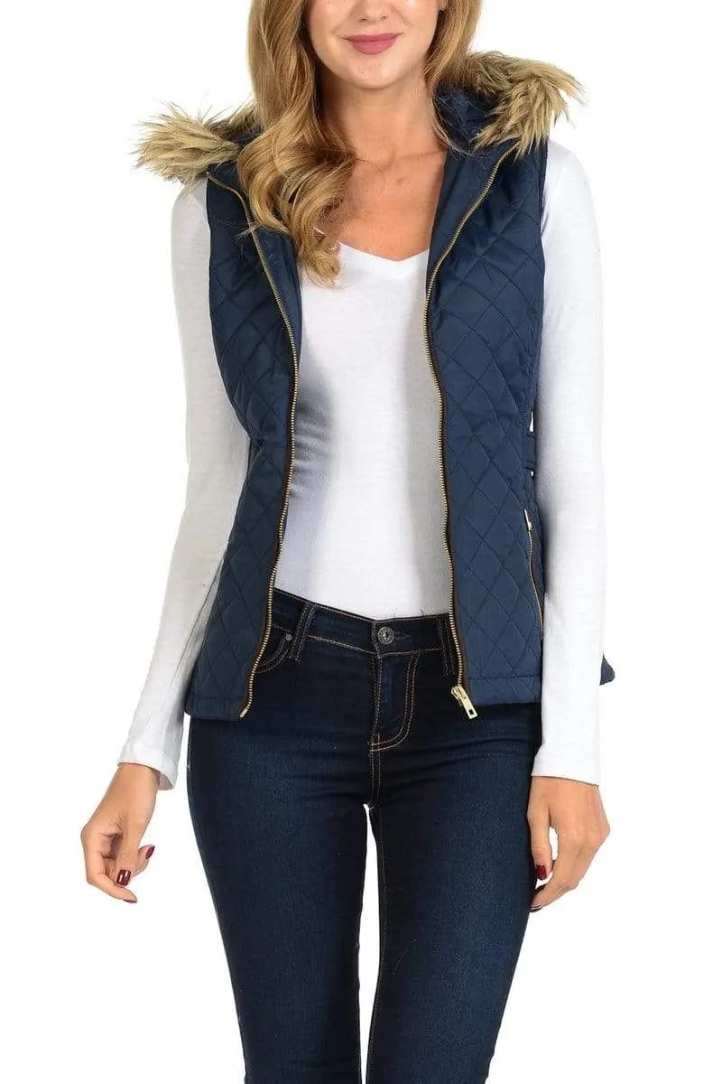 Auliné Collection Womens Quilted Zip Up Lightweight Fur Hooded Padding Vest