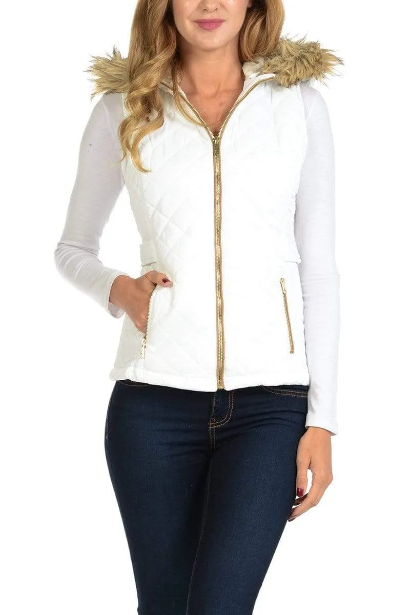 Auliné Collection Womens Quilted Zip Up Lightweight Fur Hooded Padding Vest