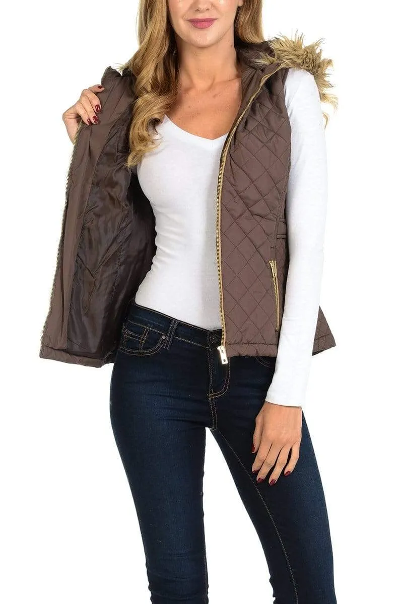 Auliné Collection Womens Quilted Zip Up Lightweight Fur Hooded Padding Vest