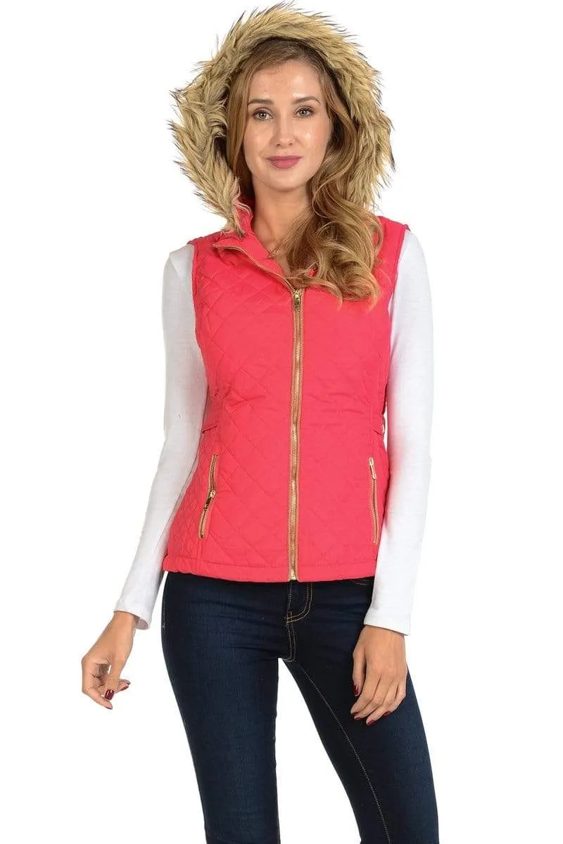 Auliné Collection Womens Quilted Zip Up Lightweight Fur Hooded Padding Vest