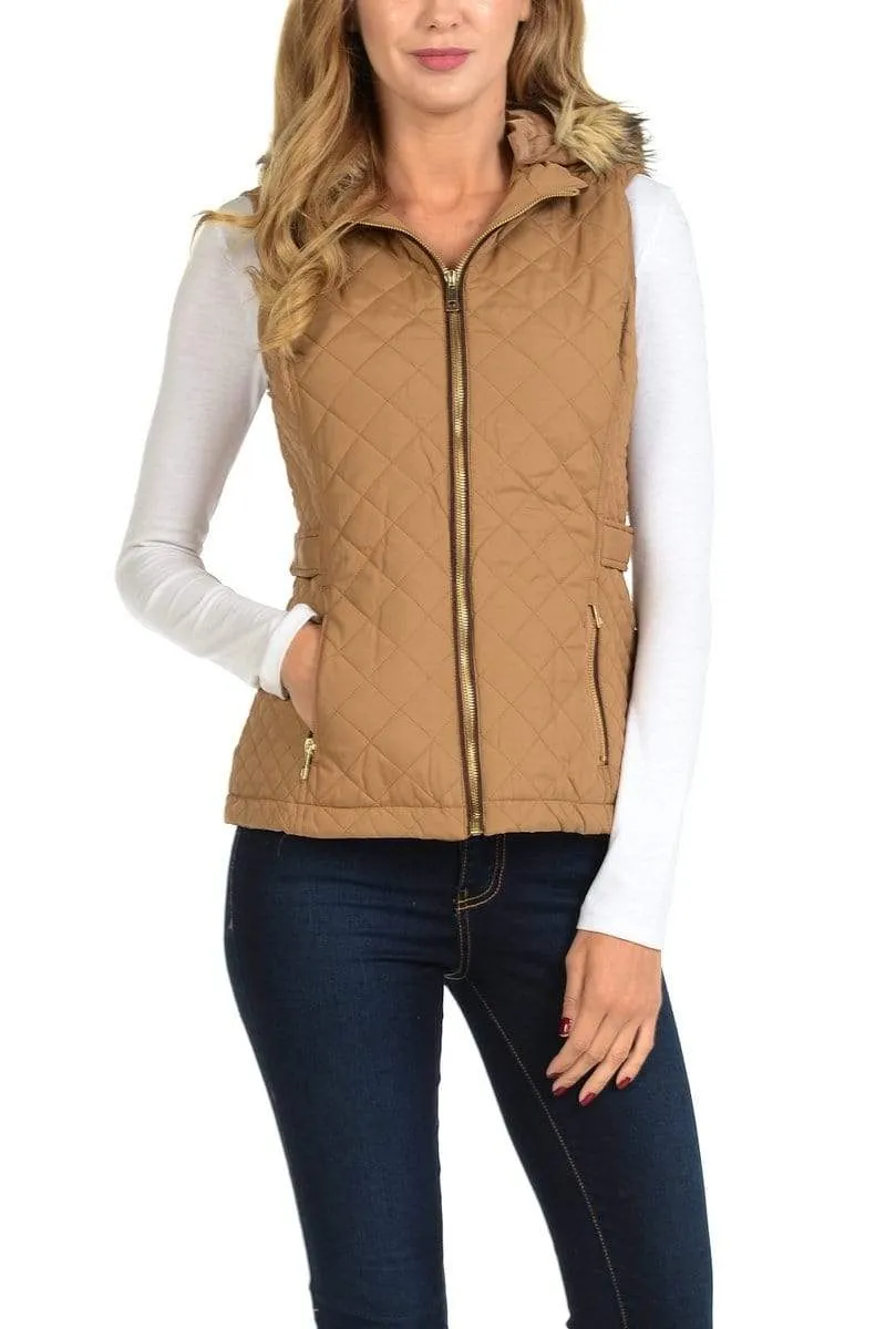 Auliné Collection Womens Quilted Zip Up Lightweight Fur Hooded Padding Vest