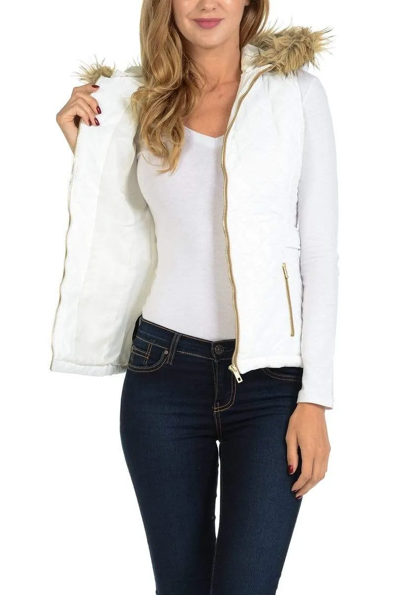 Auliné Collection Womens Quilted Zip Up Lightweight Fur Hooded Padding Vest