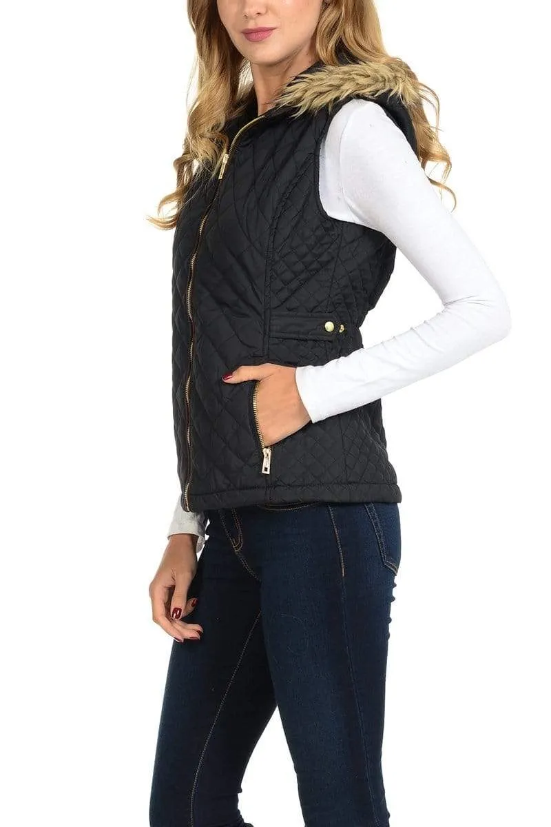 Auliné Collection Womens Quilted Zip Up Lightweight Fur Hooded Padding Vest