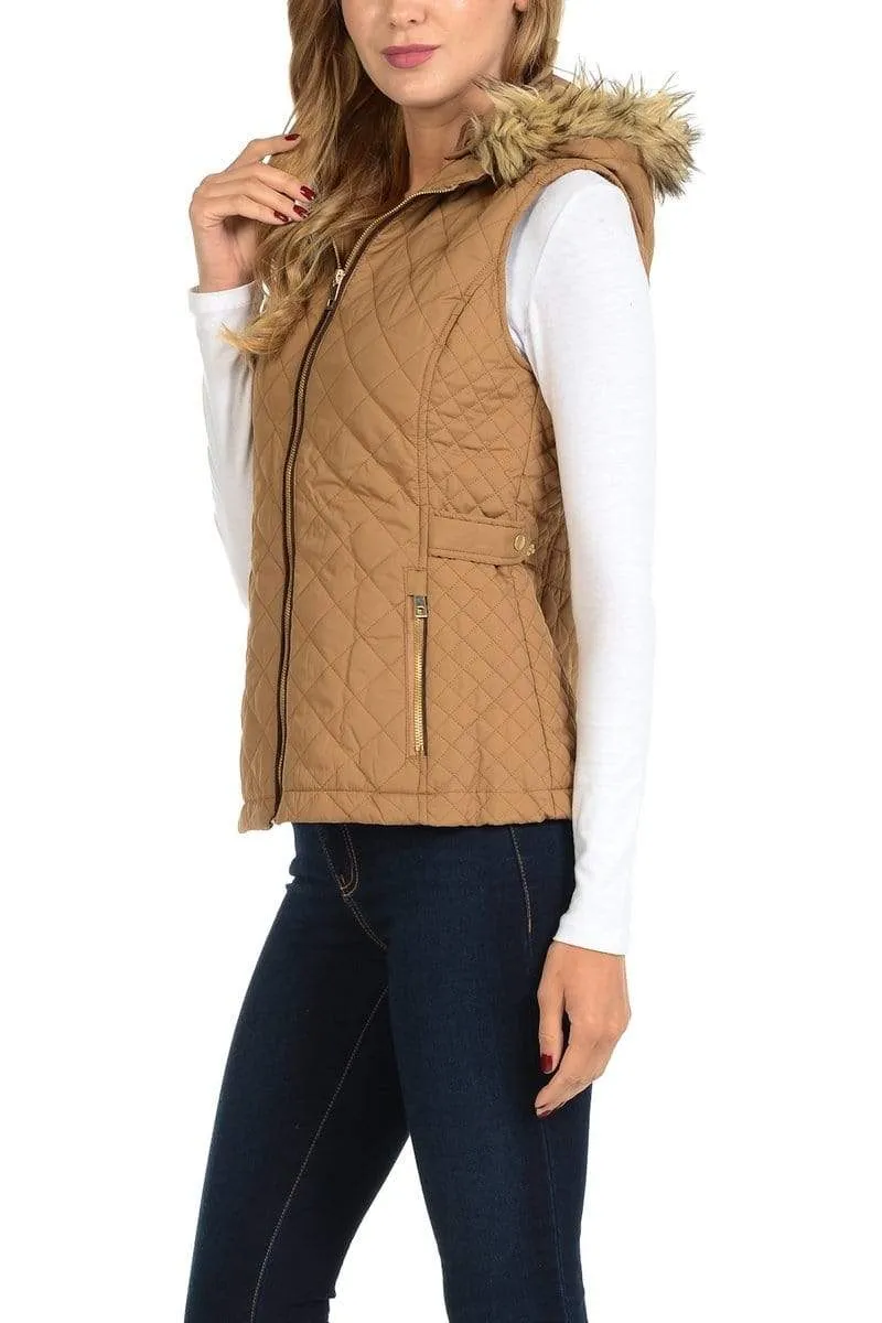 Auliné Collection Womens Quilted Zip Up Lightweight Fur Hooded Padding Vest