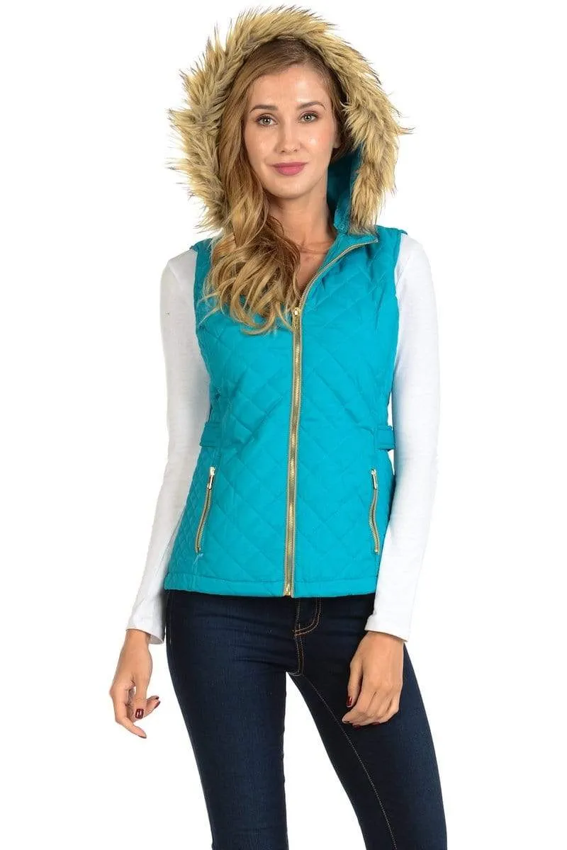 Auliné Collection Womens Quilted Zip Up Lightweight Fur Hooded Padding Vest