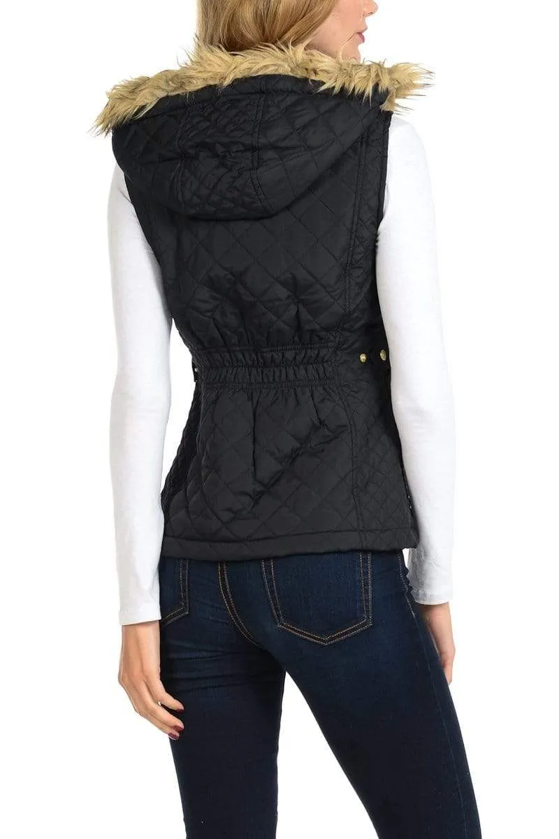 Auliné Collection Womens Quilted Zip Up Lightweight Fur Hooded Padding Vest