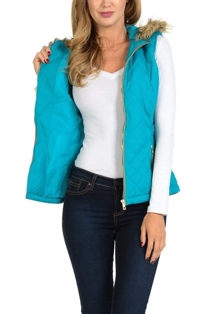 Auliné Collection Womens Quilted Zip Up Lightweight Fur Hooded Padding Vest