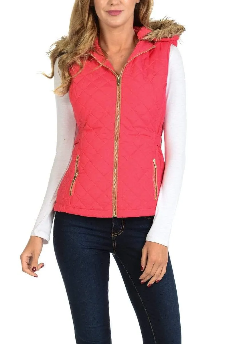 Auliné Collection Womens Quilted Zip Up Lightweight Fur Hooded Padding Vest