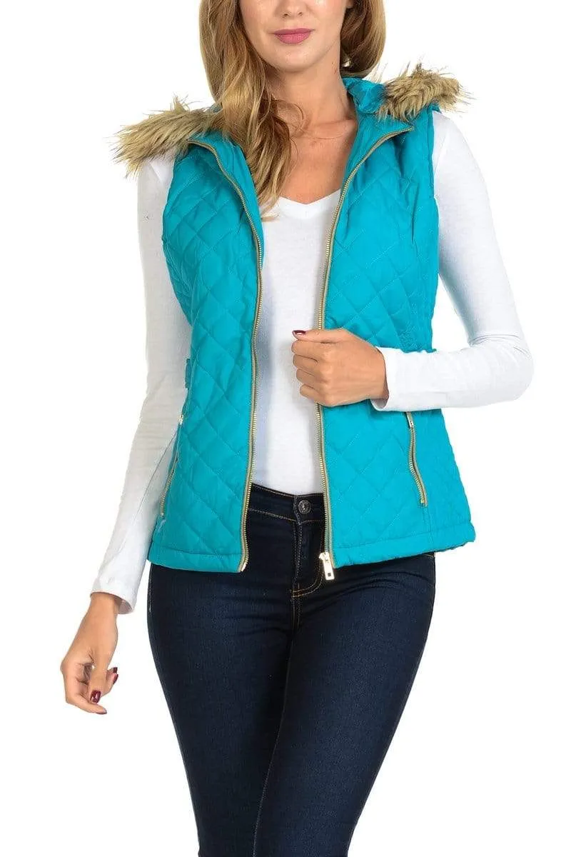 Auliné Collection Womens Quilted Zip Up Lightweight Fur Hooded Padding Vest