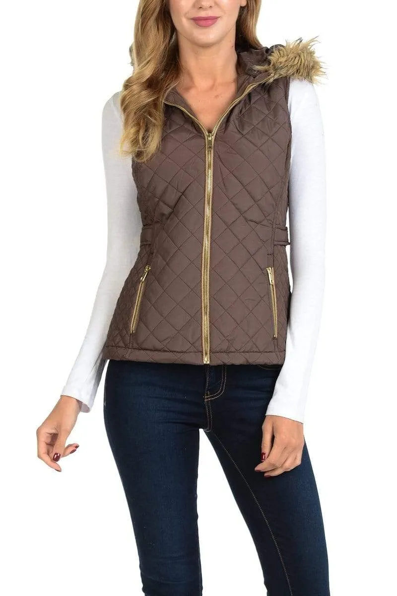 Auliné Collection Womens Quilted Zip Up Lightweight Fur Hooded Padding Vest