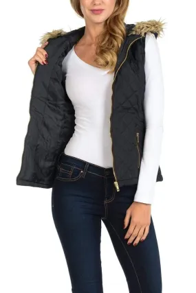 Auliné Collection Womens Quilted Zip Up Lightweight Fur Hooded Padding Vest