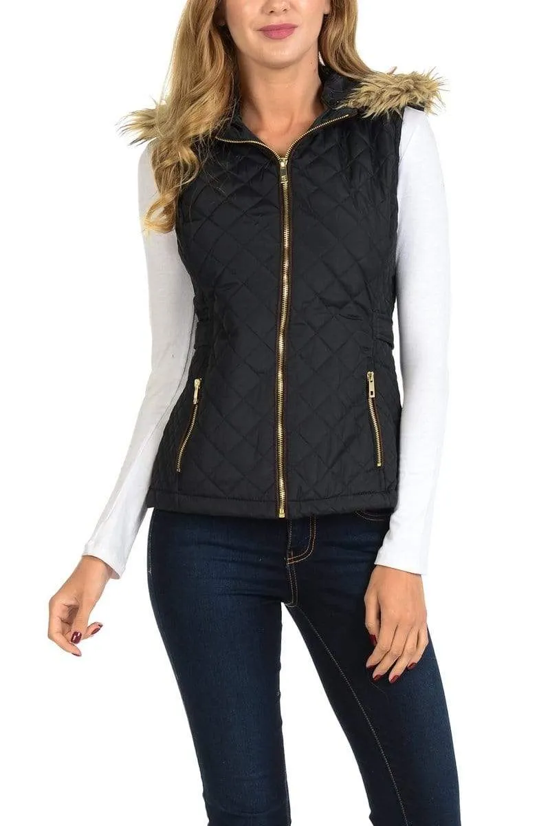 Auliné Collection Womens Quilted Zip Up Lightweight Fur Hooded Padding Vest