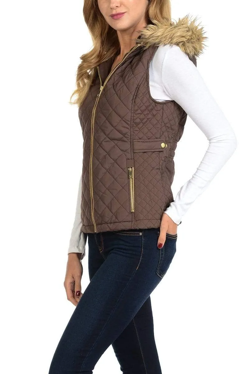 Auliné Collection Womens Quilted Zip Up Lightweight Fur Hooded Padding Vest