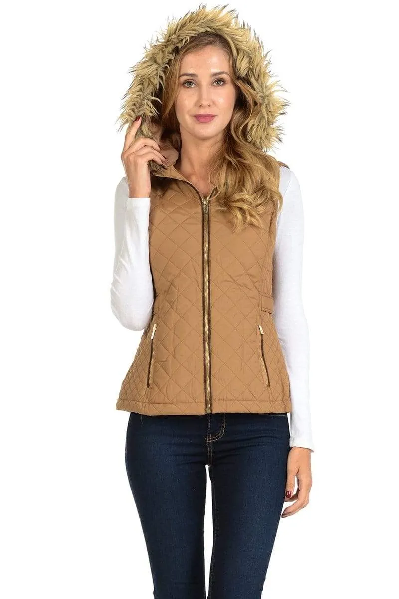 Auliné Collection Womens Quilted Zip Up Lightweight Fur Hooded Padding Vest
