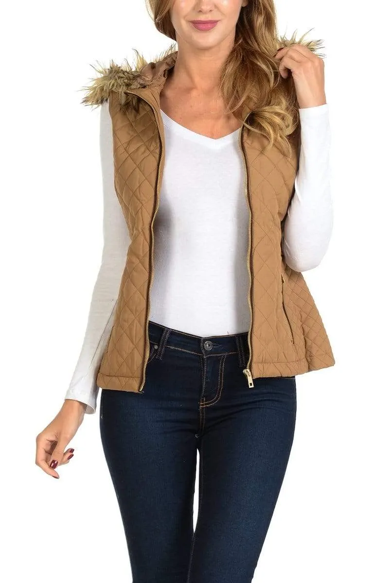 Auliné Collection Womens Quilted Zip Up Lightweight Fur Hooded Padding Vest