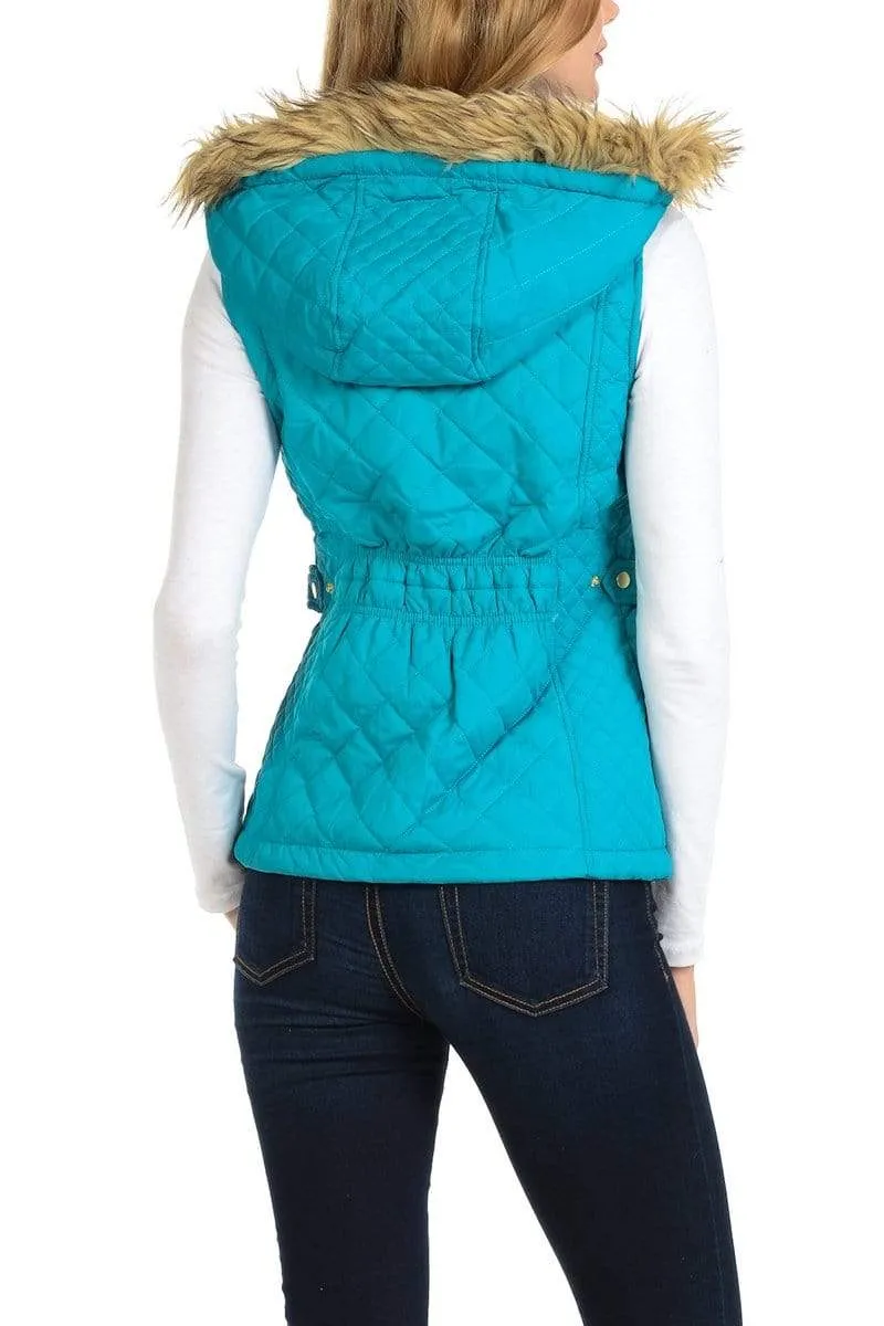 Auliné Collection Womens Quilted Zip Up Lightweight Fur Hooded Padding Vest