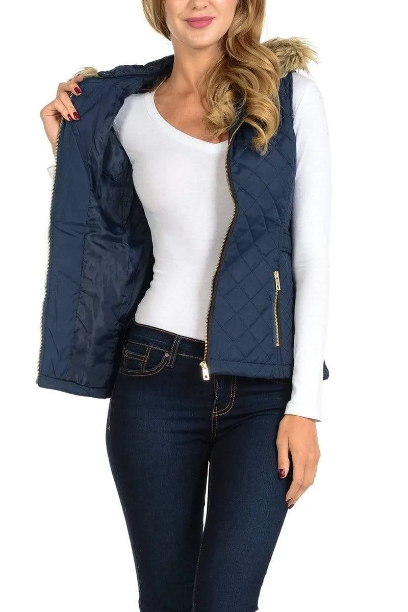 Auliné Collection Womens Quilted Zip Up Lightweight Fur Hooded Padding Vest