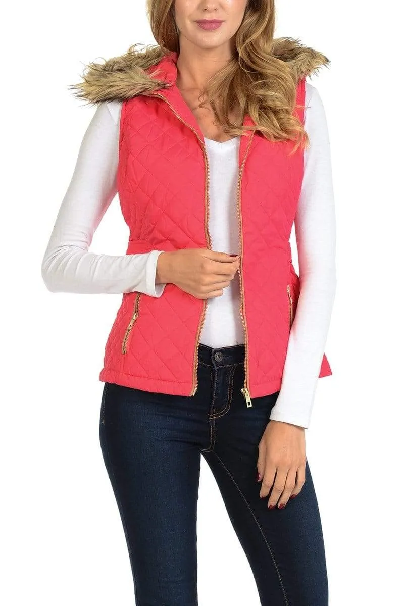 Auliné Collection Womens Quilted Zip Up Lightweight Fur Hooded Padding Vest