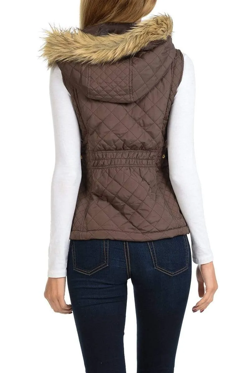 Auliné Collection Womens Quilted Zip Up Lightweight Fur Hooded Padding Vest