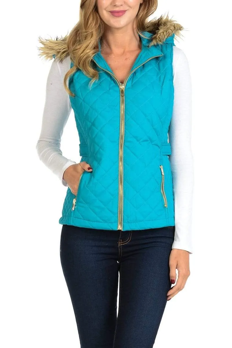 Auliné Collection Womens Quilted Zip Up Lightweight Fur Hooded Padding Vest