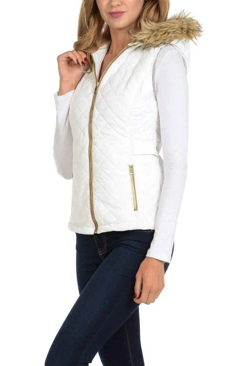 Auliné Collection Womens Quilted Zip Up Lightweight Fur Hooded Padding Vest