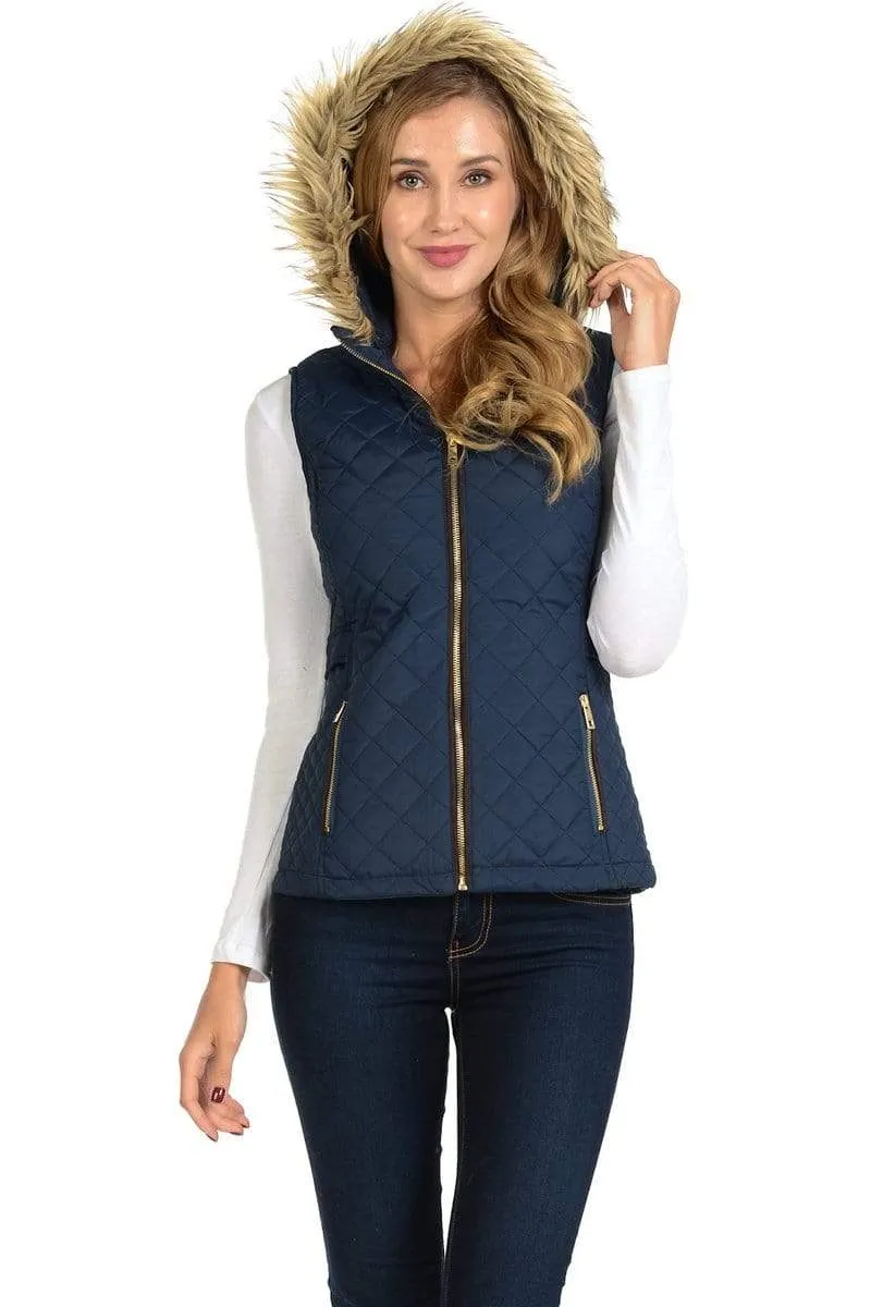 Auliné Collection Womens Quilted Zip Up Lightweight Fur Hooded Padding Vest