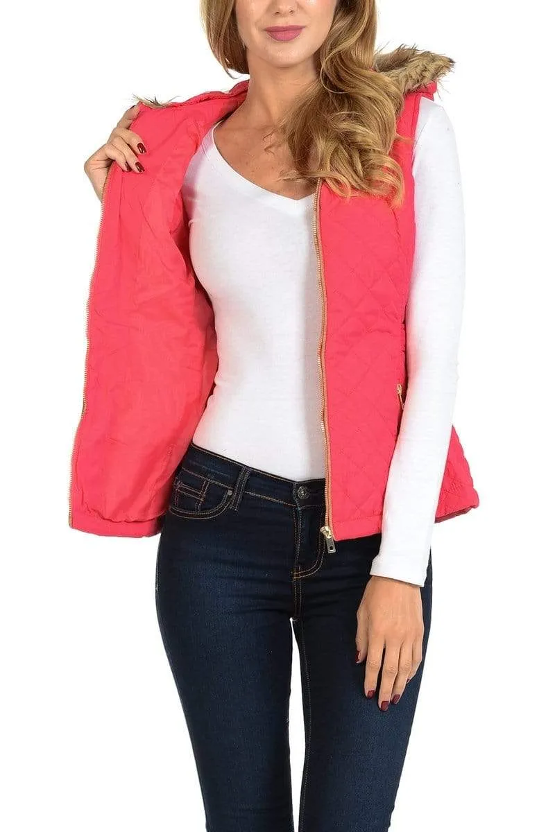 Auliné Collection Womens Quilted Zip Up Lightweight Fur Hooded Padding Vest