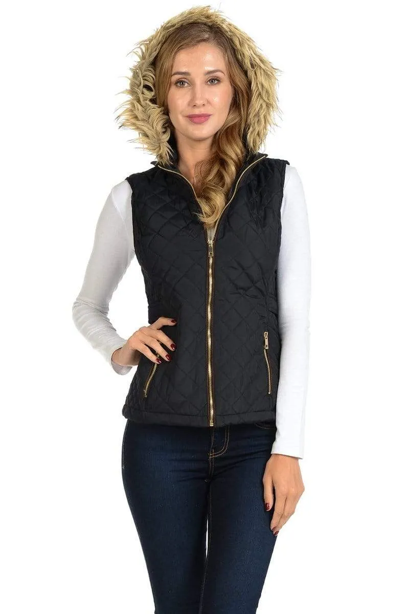 Auliné Collection Womens Quilted Zip Up Lightweight Fur Hooded Padding Vest