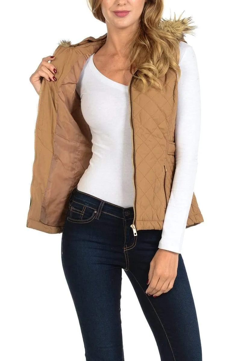 Auliné Collection Womens Quilted Zip Up Lightweight Fur Hooded Padding Vest