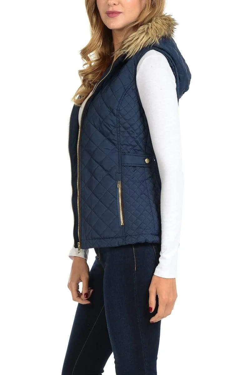 Auliné Collection Womens Quilted Zip Up Lightweight Fur Hooded Padding Vest