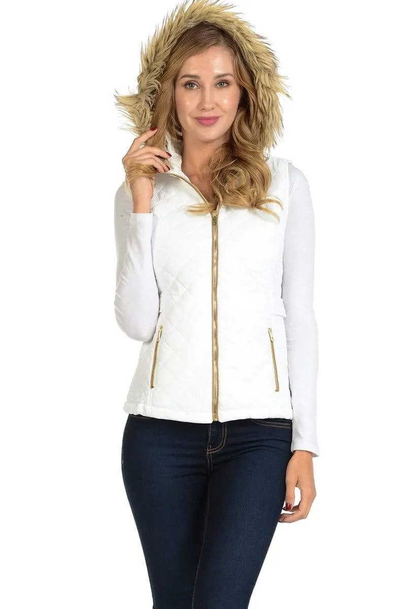 Auliné Collection Womens Quilted Zip Up Lightweight Fur Hooded Padding Vest