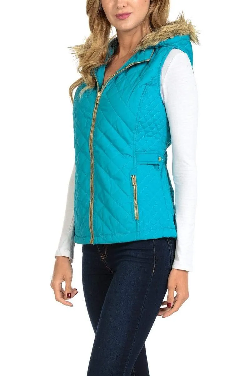 Auliné Collection Womens Quilted Zip Up Lightweight Fur Hooded Padding Vest