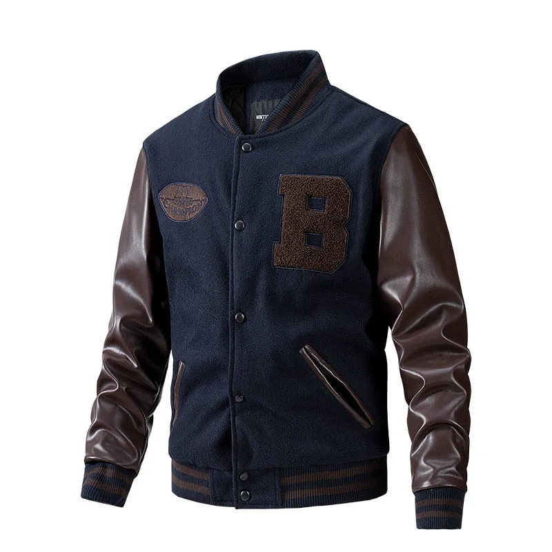 Autumn And Winter Season Cloth Padded Jacket  Baseball Collar Pu Leather Sleeve Jacket Flower Wool Large Size Varsity Jacket