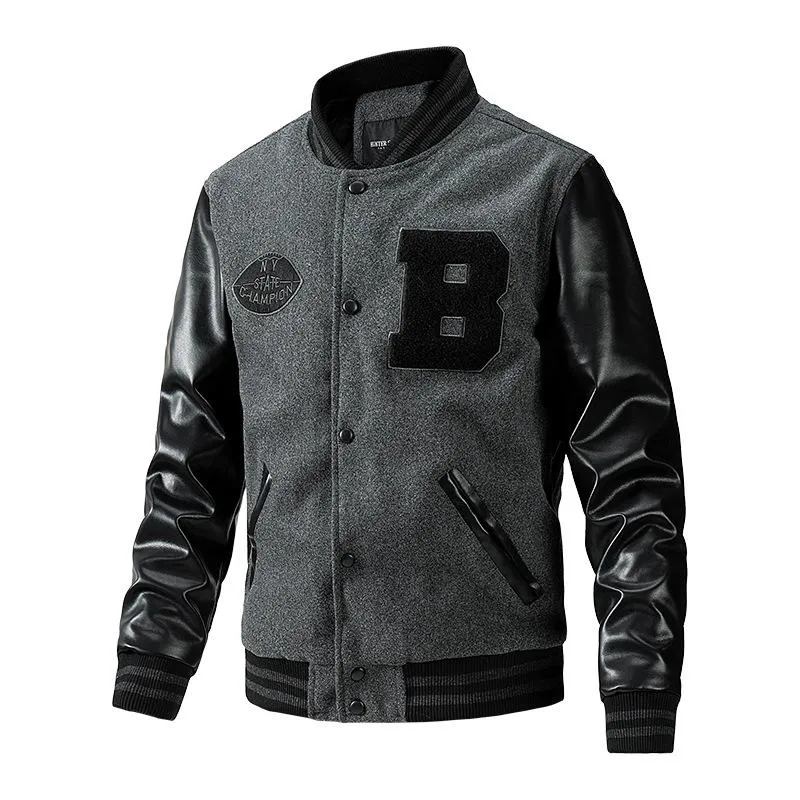 Autumn And Winter Season Cloth Padded Jacket  Baseball Collar Pu Leather Sleeve Jacket Flower Wool Large Size Varsity Jacket