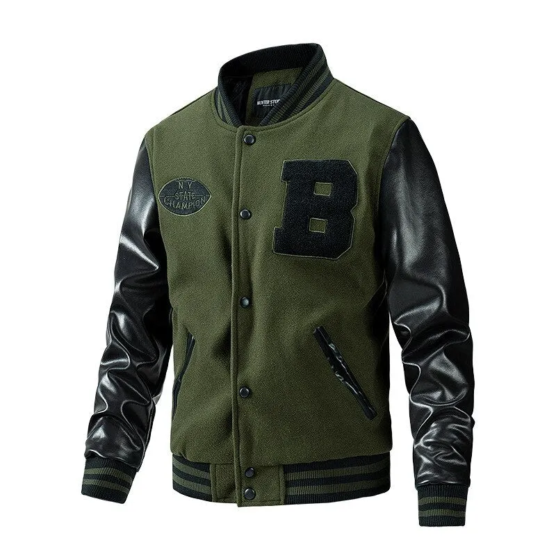 Autumn And Winter Season Cloth Padded Jacket  Baseball Collar Pu Leather Sleeve Jacket Flower Wool Large Size Varsity Jacket