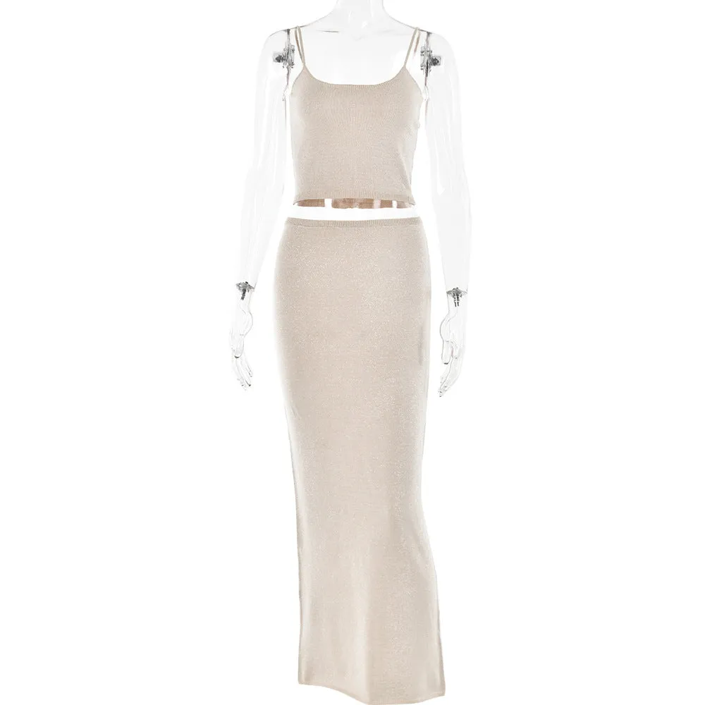Autumn Sexy Trend Backless Sling Top Sheath Dress Knitted Bright Silk Suit