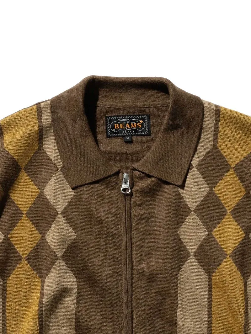 Beams Plus Brown Zip Knit Polo Stripe