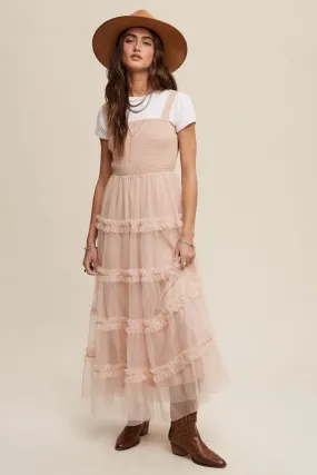 Beige Frilly Ruffle Tiered Mesh Maxi Dress