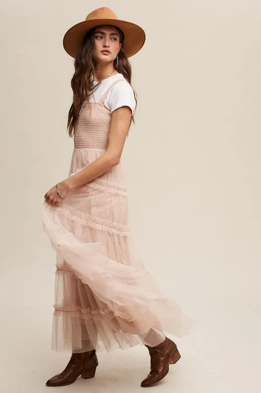 Beige Frilly Ruffle Tiered Mesh Maxi Dress