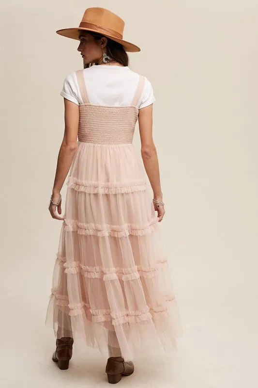 Beige Frilly Ruffle Tiered Mesh Maxi Dress