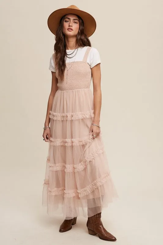 Beige Frilly Ruffle Tiered Mesh Maxi Dress