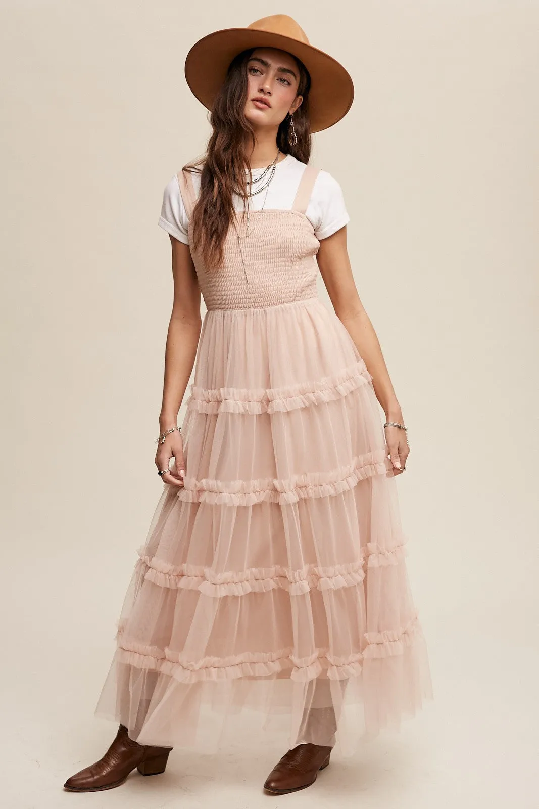 Beige Frilly Ruffle Tiered Mesh Maxi Dress