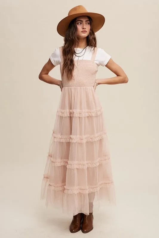 Beige Frilly Ruffle Tiered Mesh Maxi Dress